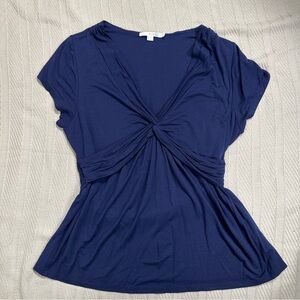 Boden size 14 US navy twist knot crossover front jersey top. Short slv., spring